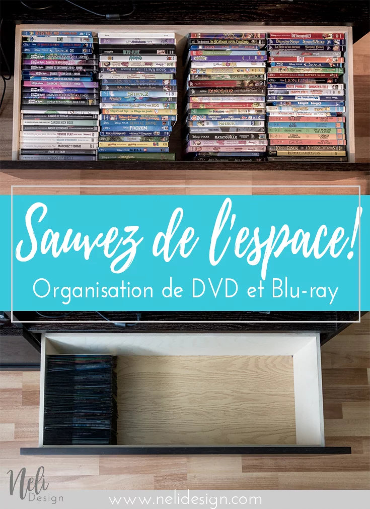 Image Pinterest indiquant "Sauver de l'espace - Organisation de DVD et Blu-ray"