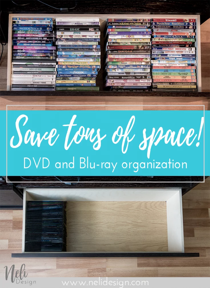 Pinterest image saying "save tons of space - DVD and blue-ray organizagtion"
