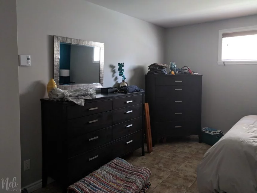 Find out what I have planned for my small master bedroom makeover for the $100 Room Challenge. A lot of ideas are planned to change this decor and add colour, all of it, on a budget. You'll see that the layout will be changed so that the bed is in front of the window. Check out the before and after plan. #100roomchallenge #masterbedroom #onabudget #bedroomdecor #bedroomideas #bedrooms