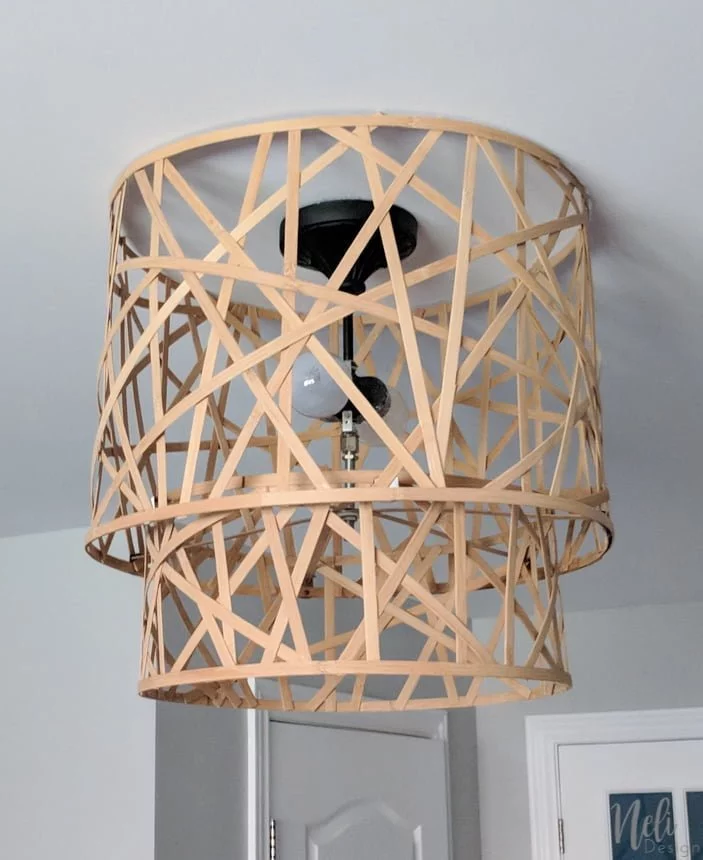 How to upgrade a ceiling light shade for free. Get rid of the boob light and get a beautiful light fixture. You just need to upcycle one thing to get this new lamp shade. Full step by step tutorial so you can make this idea. #lampshade #lightfixture #ceilinglight #diy #upcycle