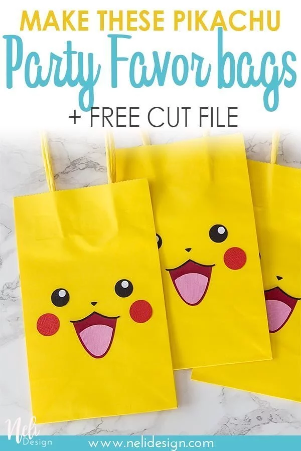 Pinterest image saying "Make these pikachu party favor bags + free cut file"