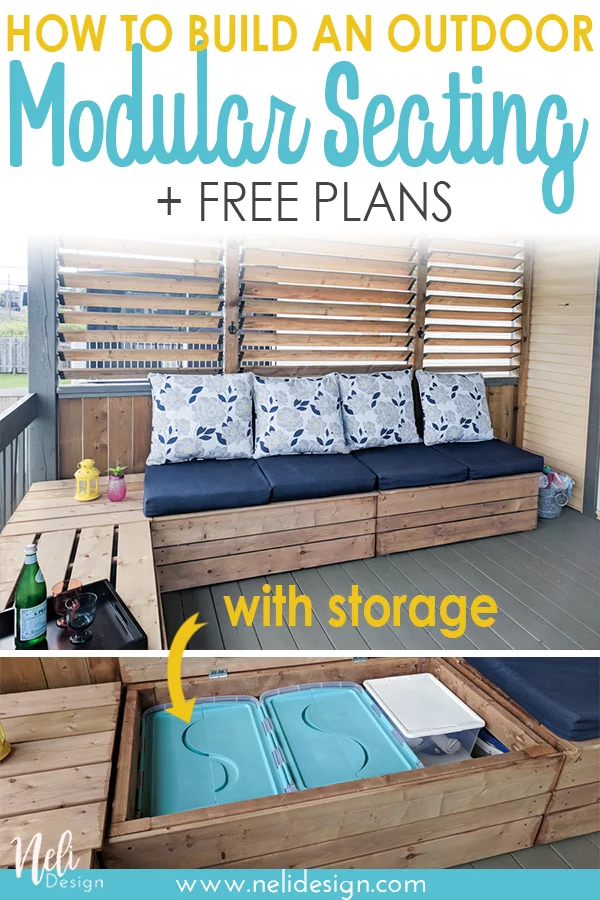 Pinterest image saying "How to build an outdoor Modular Seating + free plans"
