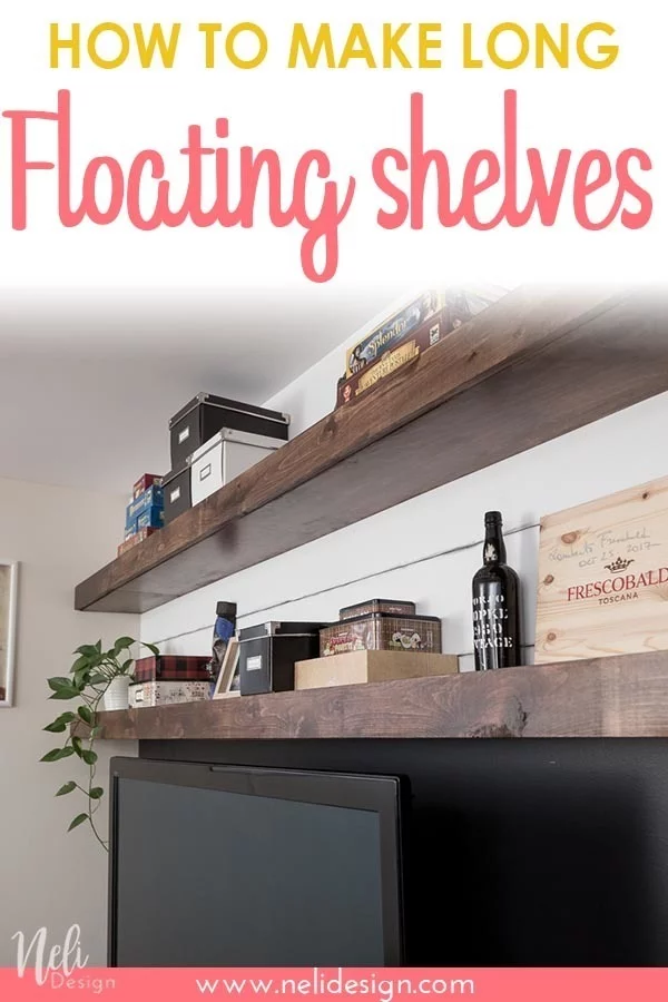 See the step by step tutorial on how to make very long floating shelves. They make a stunning decor above a television. They are simple and easy to make once you have these tips. #floatingshelves #livingroom