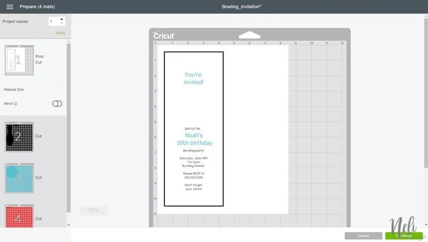 view of the Cricut Design Space when you press Make it to make the free bowling invitation.
