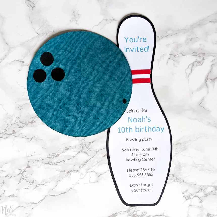 bowling pin and ball invitation made in cardstock
