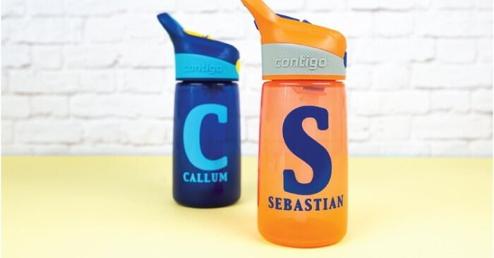 Make school labels: Two kid water bottle Orange and blue written Callum and Sebastian