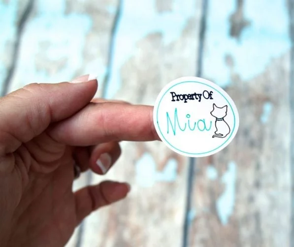 Make school labels: round label with a cat written Property of Mia