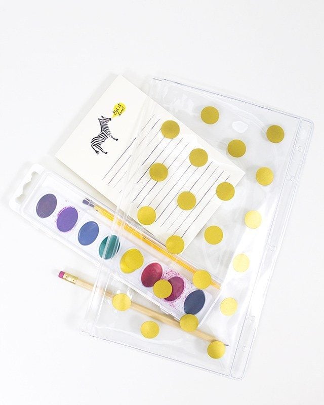 Make school labels: Translucent pencil pouch with gold dots