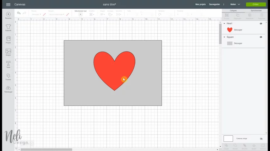 fonction couper Cricut : dessiner un coeur et le placer par dessus le rectangle