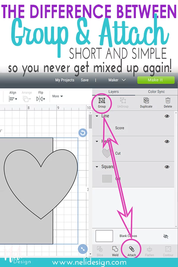 Pinterest image written "the difference between Group and attach short and simple so you never get mixed up again!