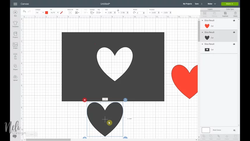 On the canvas, a red heart, a gray heart and a gray rectangle with a heart-shape hole in it.