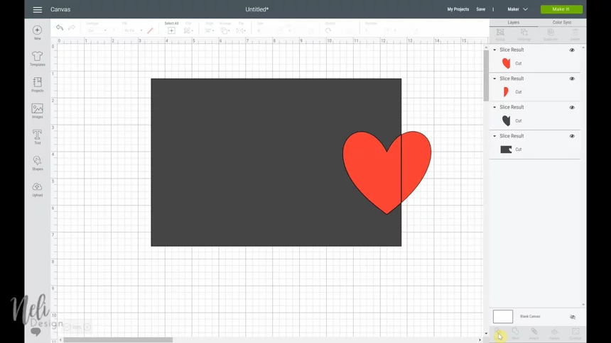 The heart shape is placed on the border of the rectangle to use the slice function in Cricut