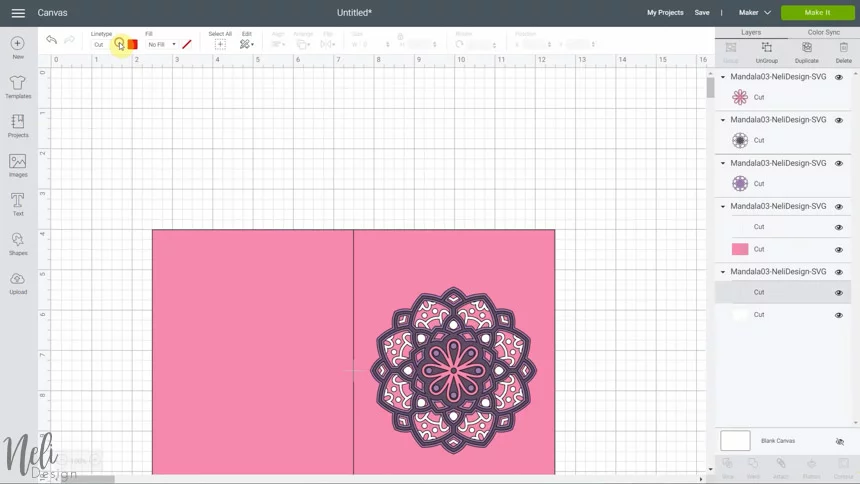 image of Cricut Design Space and changing the linetype to score to make the 3D layered mandalas made with the free SVG files