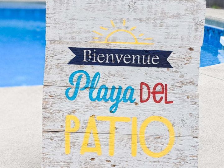 Painted Wood sign made with a Cricut Stencil saying Welcome Playa del patio