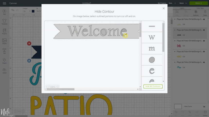 Image of Cricut Design space showing what you see when clicking on Contour