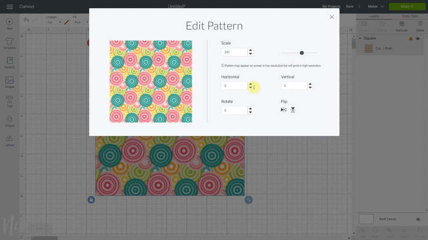 View of Cricut Design Space with the pattern fill feature