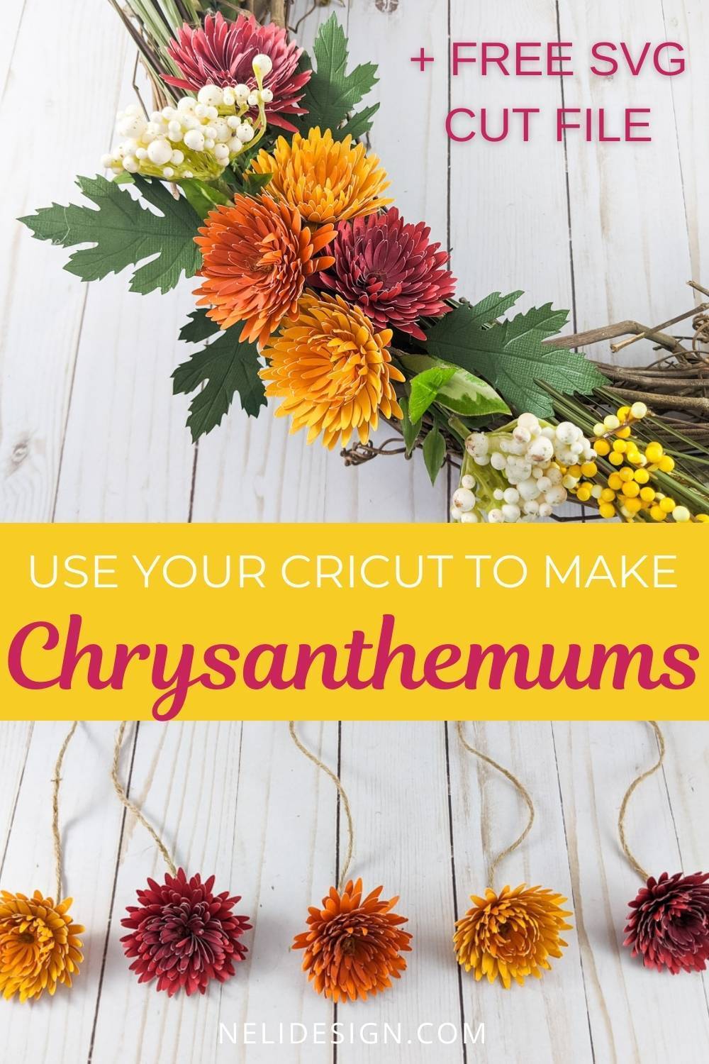 Pinterest image written Use your Cricut to make Chrysanthemums + free SVG cut file