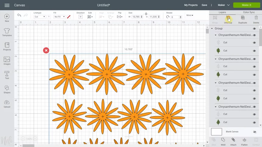 Image de Cricut Design Space pour dégrouper pour réaliser des fleurs chrysanthèmes en papier