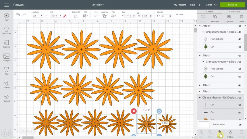 Image de Cricut Design Space pour attacher les couches pour réaliser des fleurs chrysanthèmes en papier