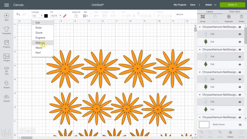Image de Cricut Design Space pour changer à débosser pour réaliser des fleurs chrysanthèmes en papier