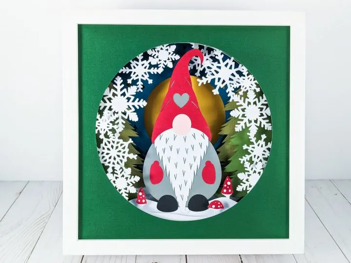 3D shadow box of a Christmas gnome with snowflakes